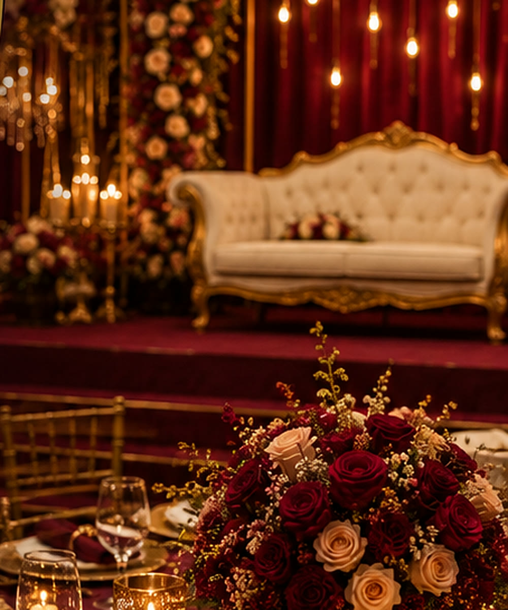 Wedding stage dressed in deep red velvet with a gold-framed cream settee, hanging filament bulbs and candelabra, above a banquet table set with a burgundy and blush rose centrepiece