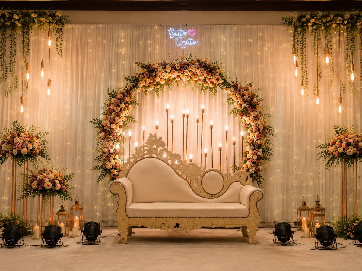 Reception stage backed by fairy-lit drapes, a circular floral arch and hanging filament bulbs