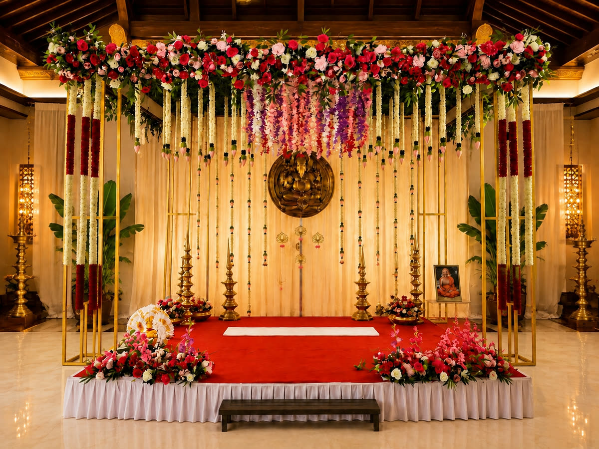Indoor mandap framed in gold with hanging jasmine strands, a floral canopy and tall brass lamps
