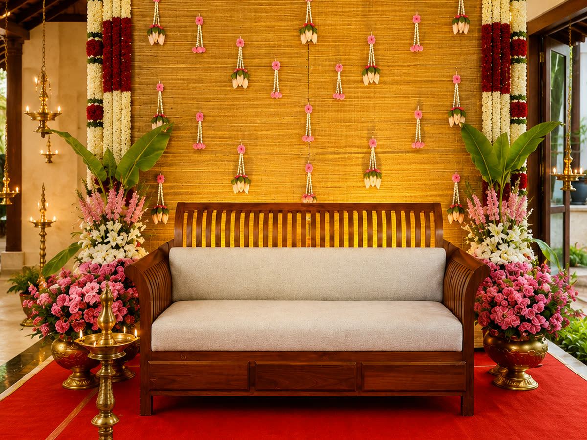 Ceremony stage with a gold silk backdrop, layered marigold and jasmine garlands and lit brass lamps