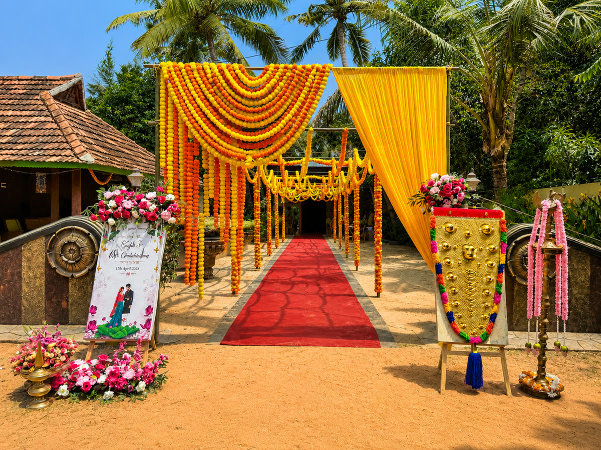 Outdoor entrance arch hung with marigold garlands over a red carpet walkway, framed by coconut palms